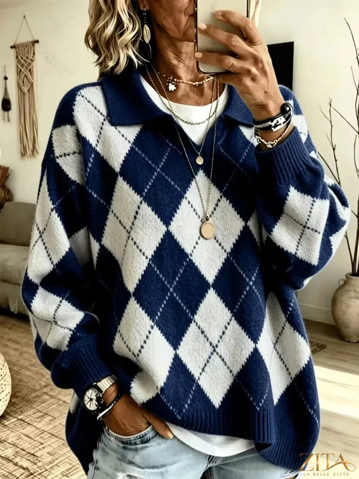 Zita La Belle Elite argyle pattern collared pullover sweater with a classic knit design and button-up collar.