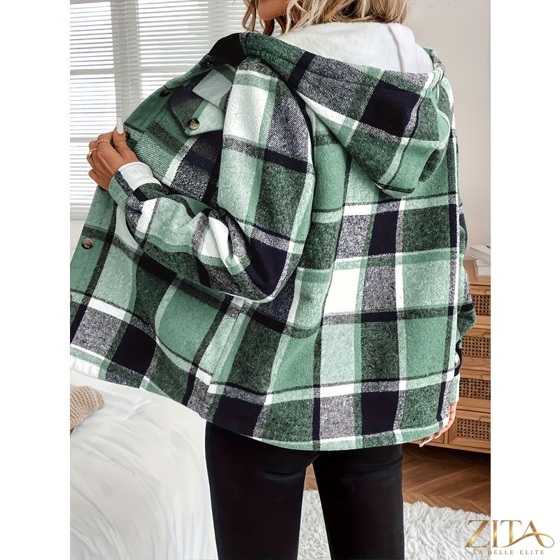 Zita La Belle Elite women's plaid fleece-lined hooded jacket showing a cozy, stylish jacket with a plaid pattern and hood.