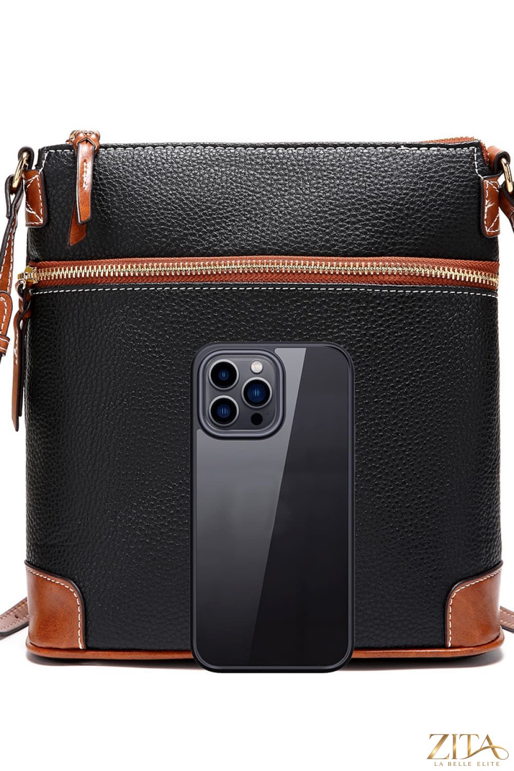 Zita La Belle Elite PU leather crossbody bag with adjustable strap and gold-tone hardware, displayed on a neutral background.