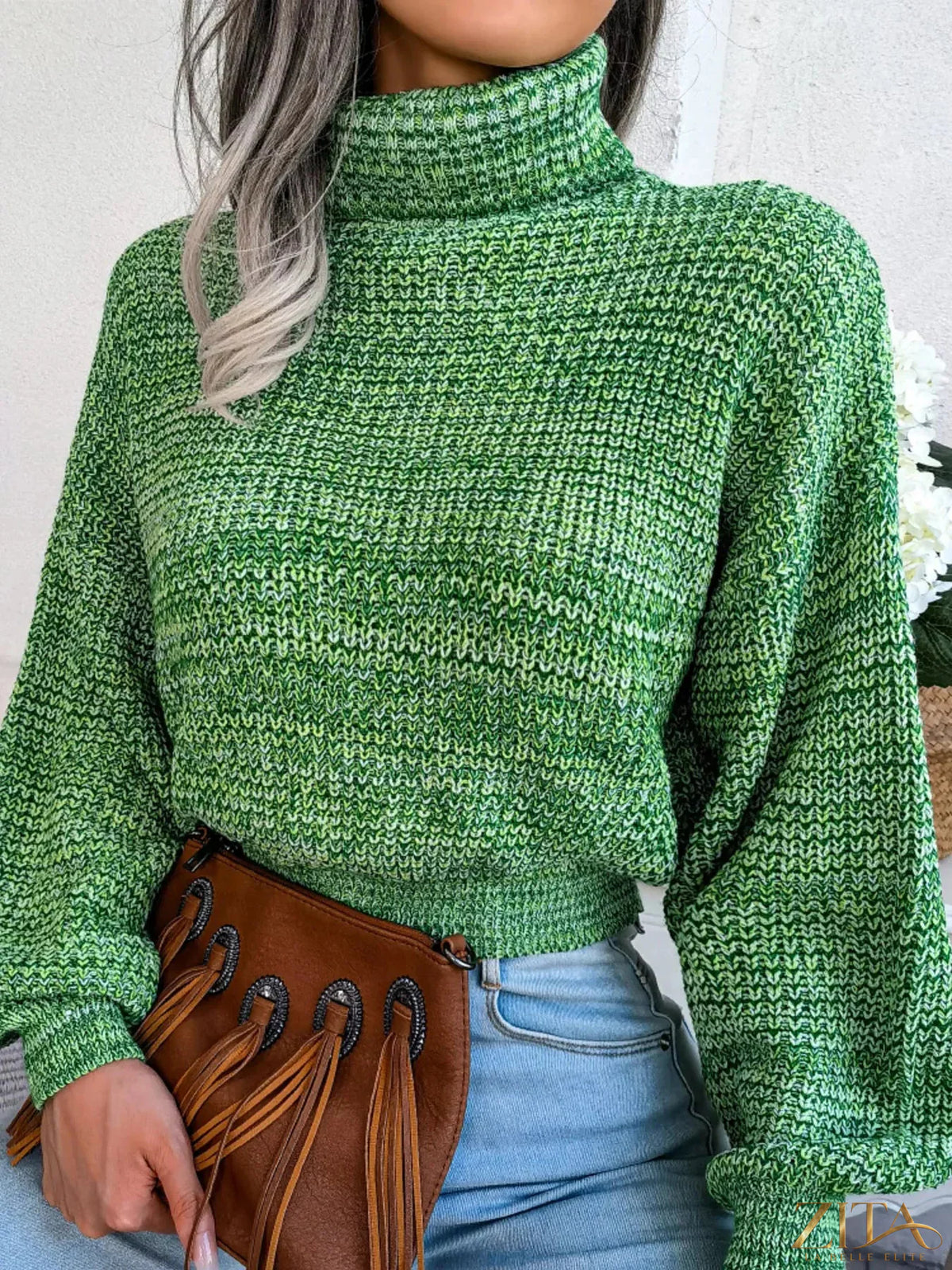 Gray turtleneck dropped shoulder sweater by Trendsi, featuring a cozy knit fabric and relaxed fit, displayed on a mannequin.