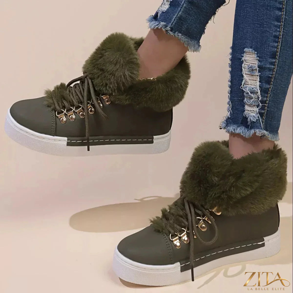 Fuzzy trim lace-up ankle boots by Zita La Belle Elite featuring soft material and stylish design for casual wear.