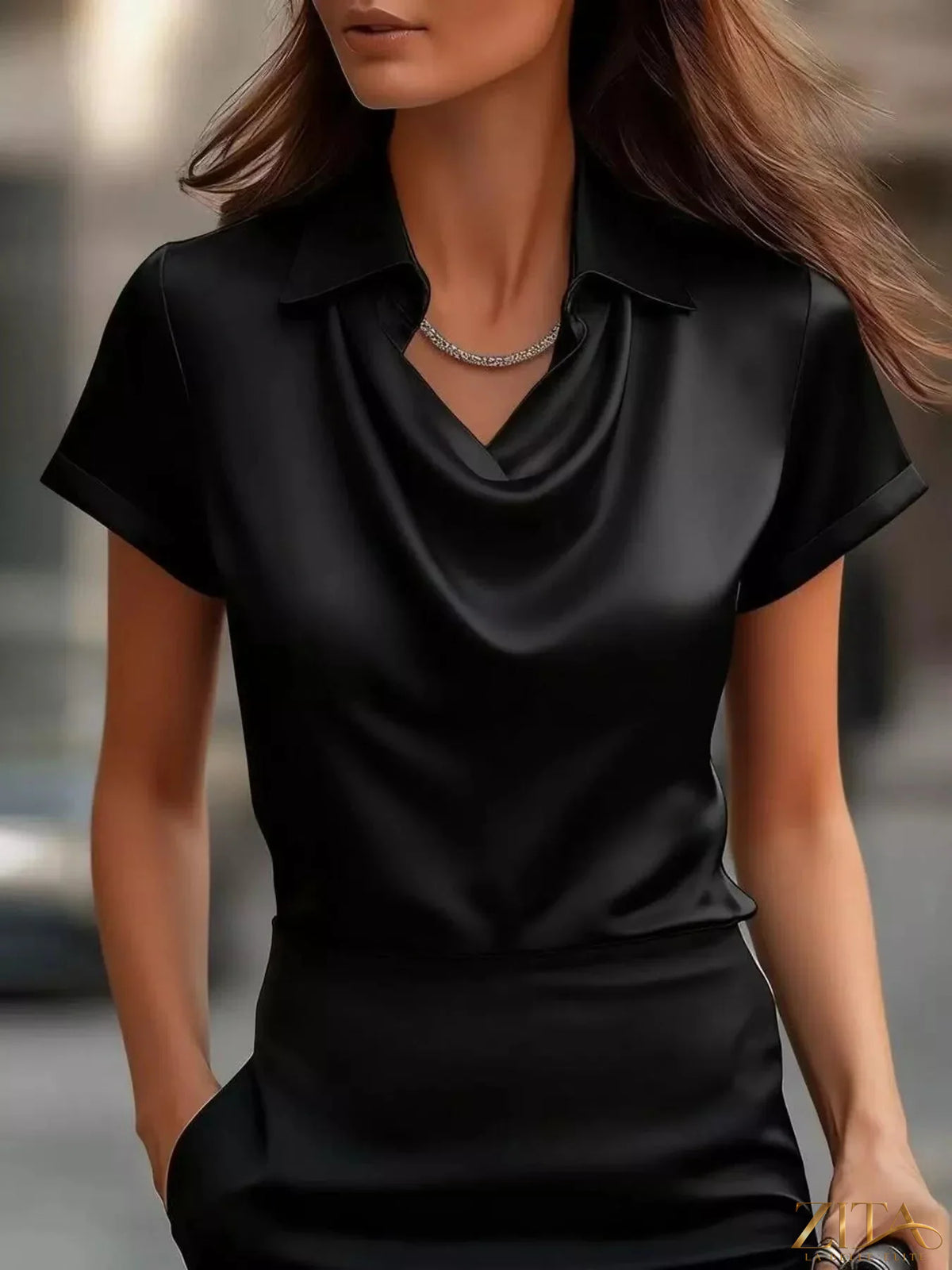 Plus size satin cowl neck blouse by Zita La Belle Elite, featuring a smooth, shiny fabric and elegant draped neckline.