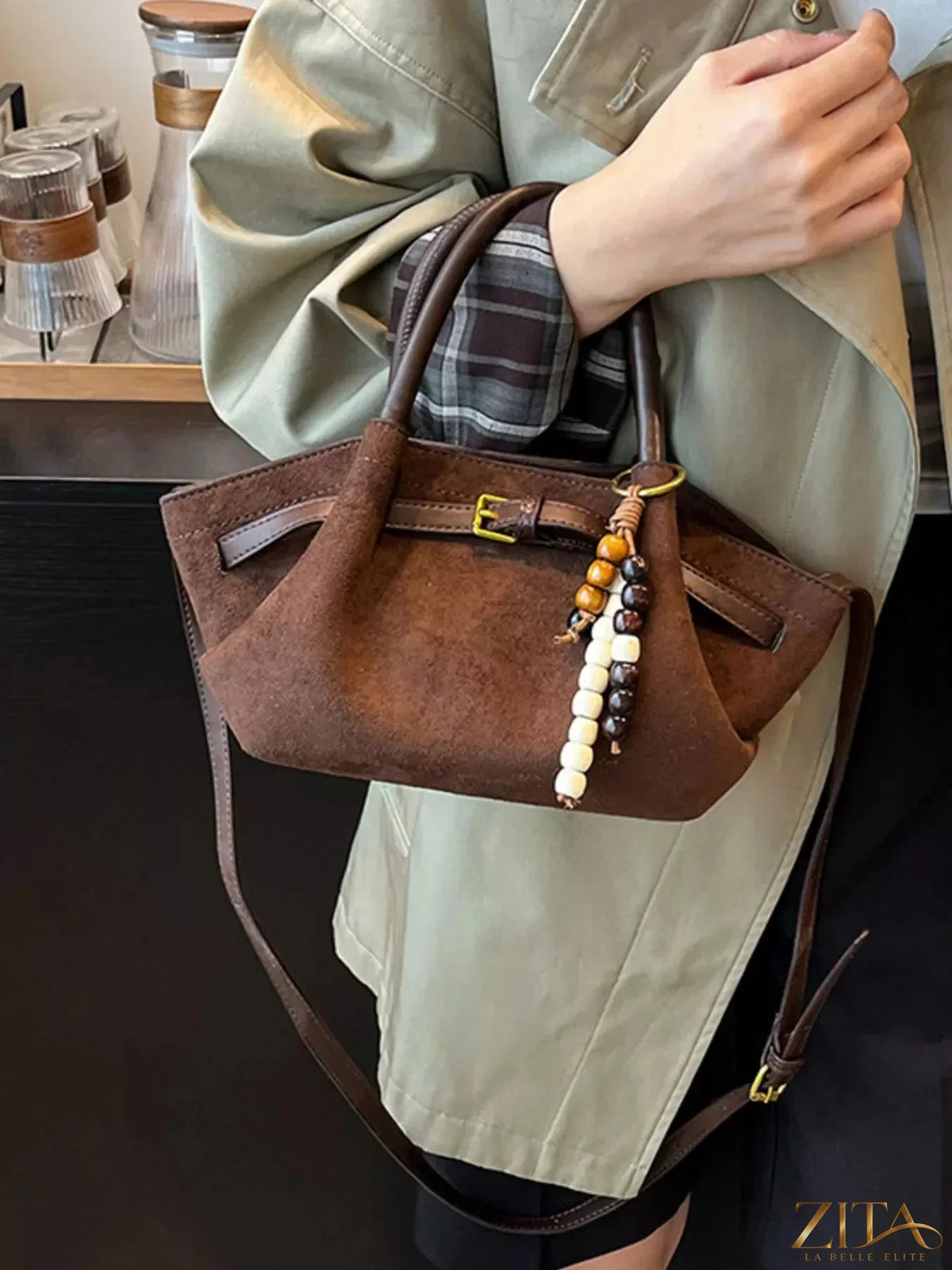 Zita La Belle Elite Buckle Decor Tote Bag with stylish buckle accents and durable leather handles, perfect for everyday use.