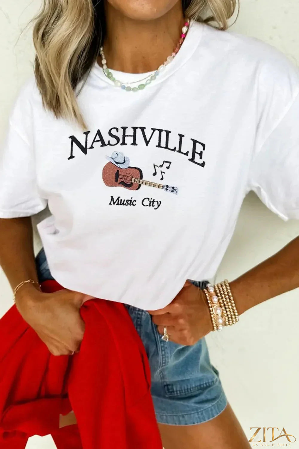 Nashville Music City print crewneck T-shirt by Trendsi featuring a guitar graphic on a casual crewneck tee.