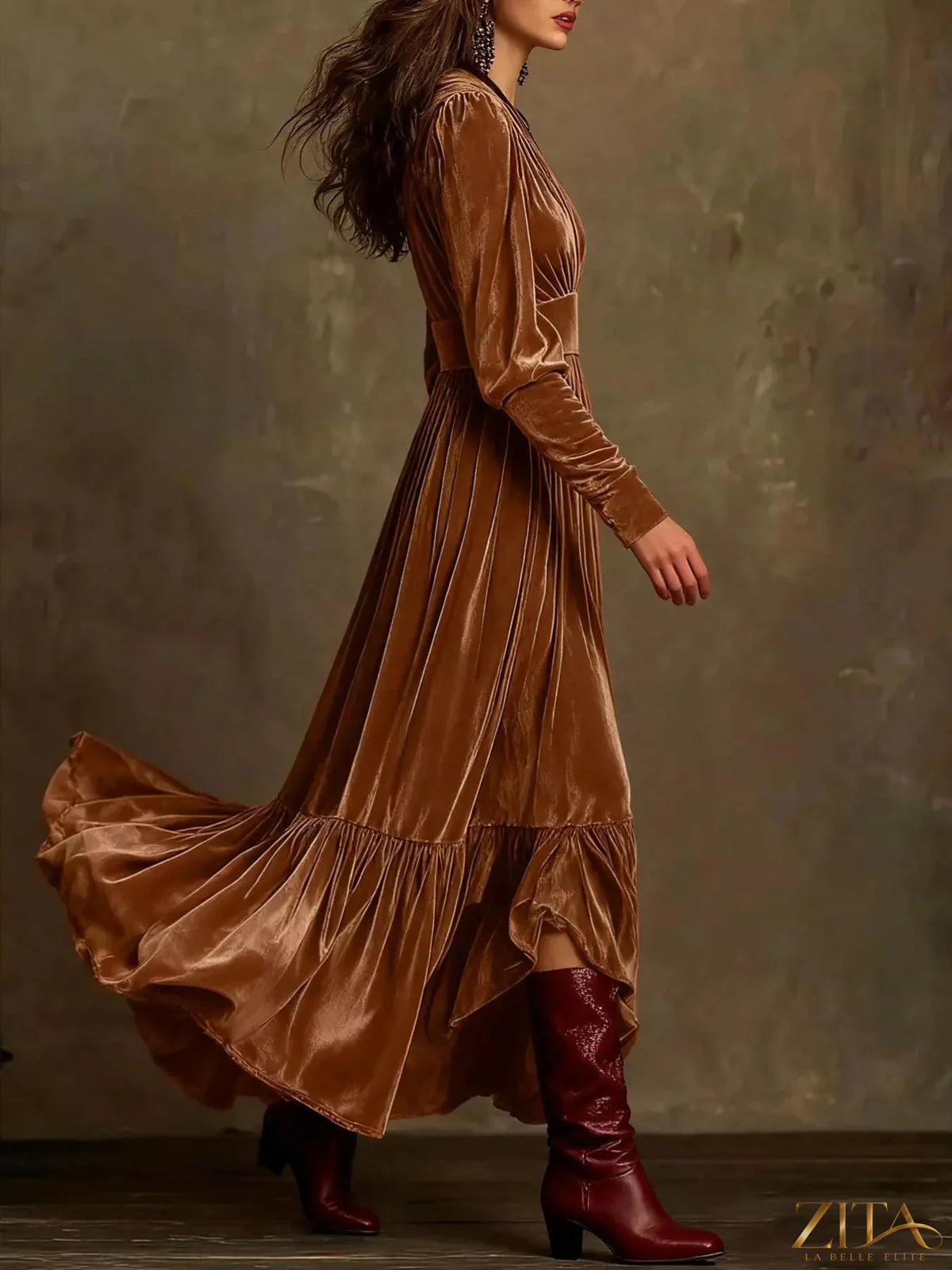 Elegant velvet V-neck long sleeve maxi dress by Zita La Belle Elite, featuring a flowing silhouette and sophisticated design.