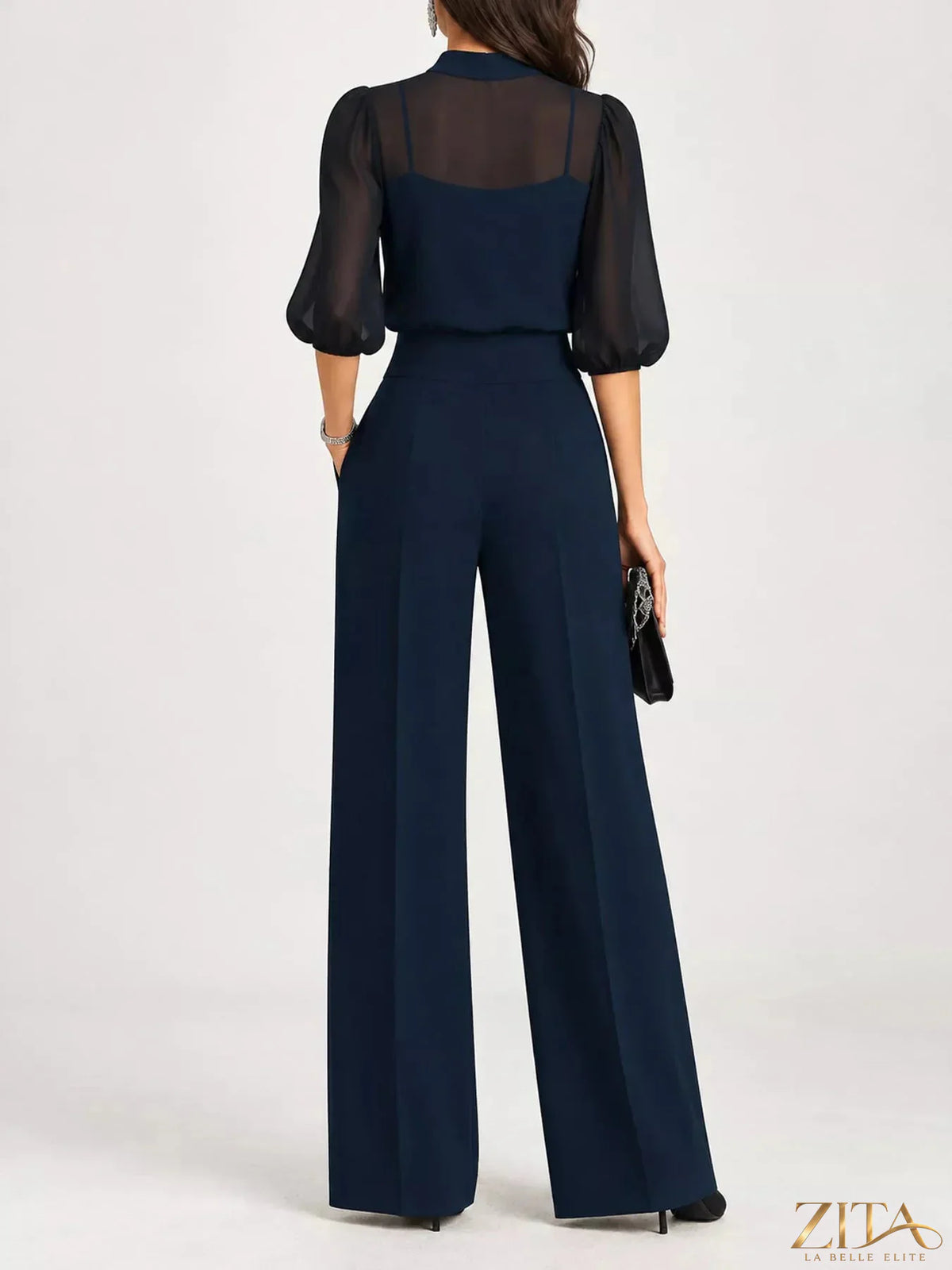 Zita La Belle Elite mock neck puff sleeve top with wide-leg pants set, featuring a stylish and comfortable coordinated outfit.