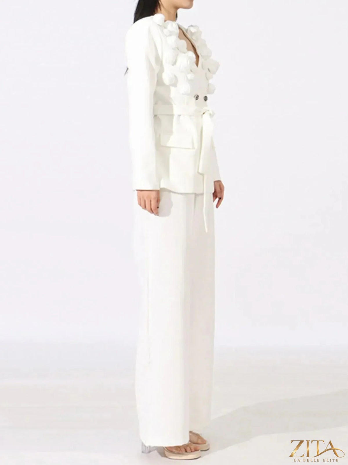 Zita La Belle Elite floral long sleeve blazer and matching pants set, elegant fashion with a vibrant flower pattern.