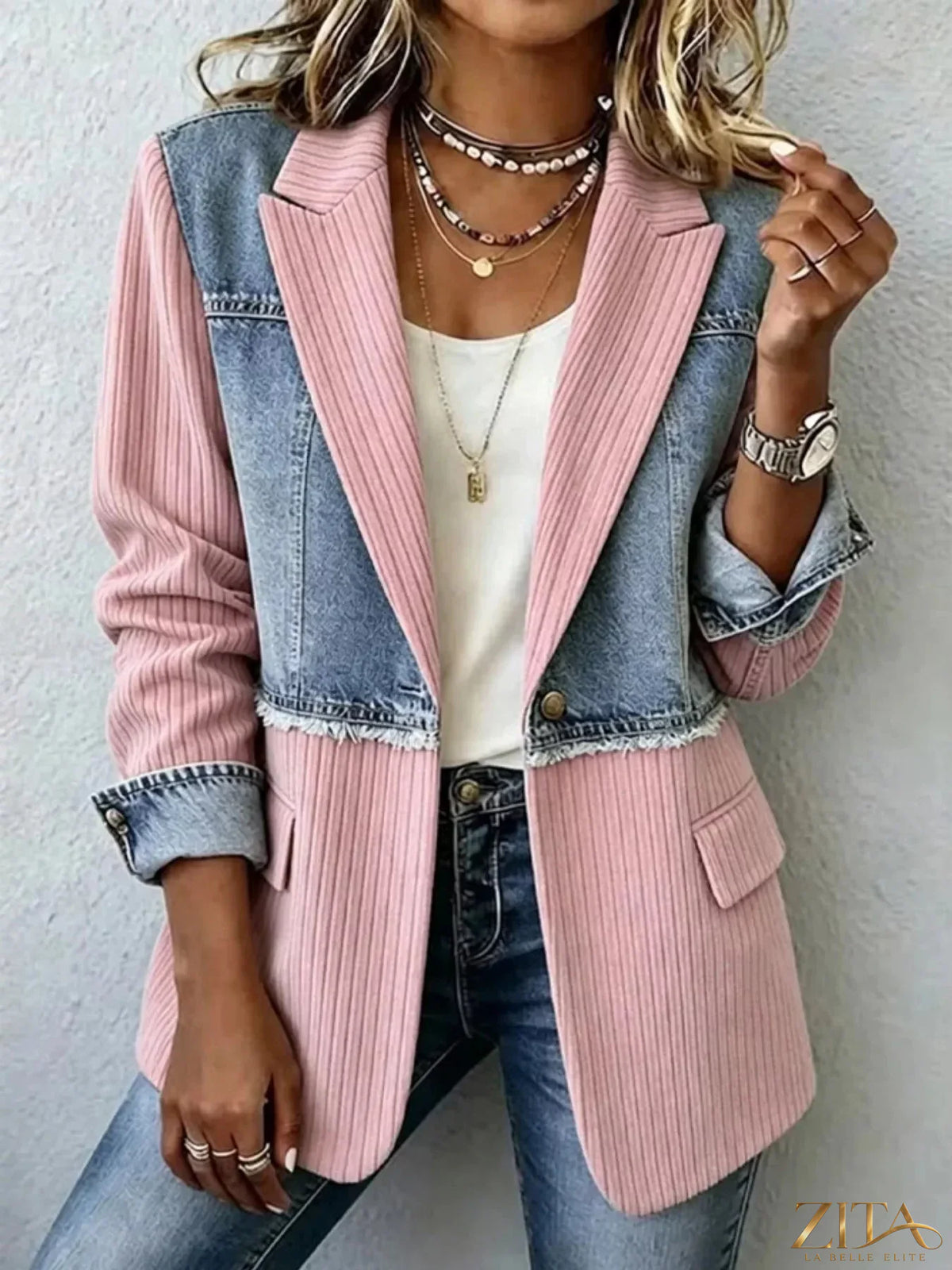 Full size patchwork denim blazer by Zita La Belle Elite, featuring ribbed details and a stylish, tailored fit for plus size fashion.