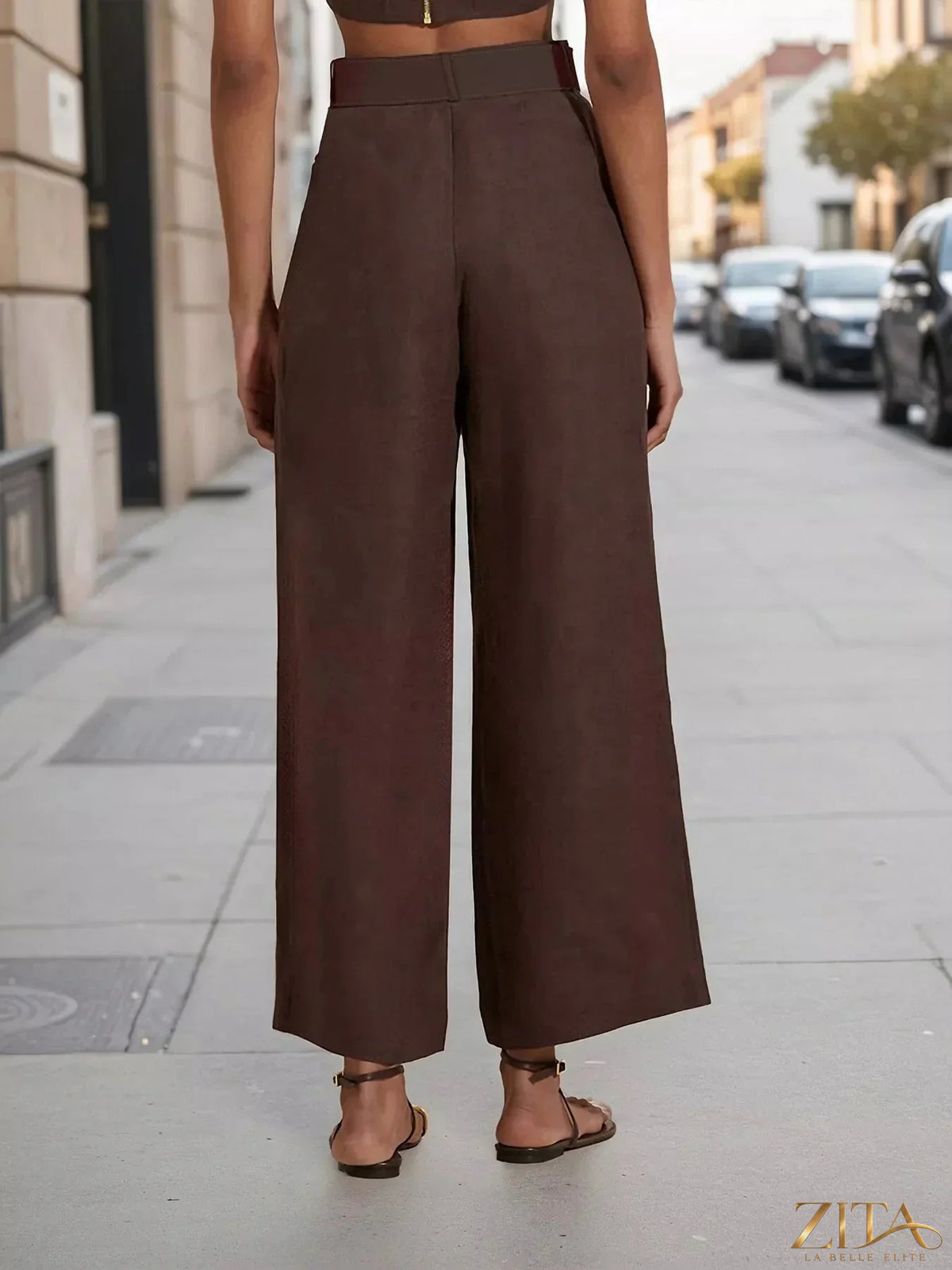 Zita La Belle Elite lapel collar blazer and wide-leg pants set, tailored fashion ensemble in neutral fabric.