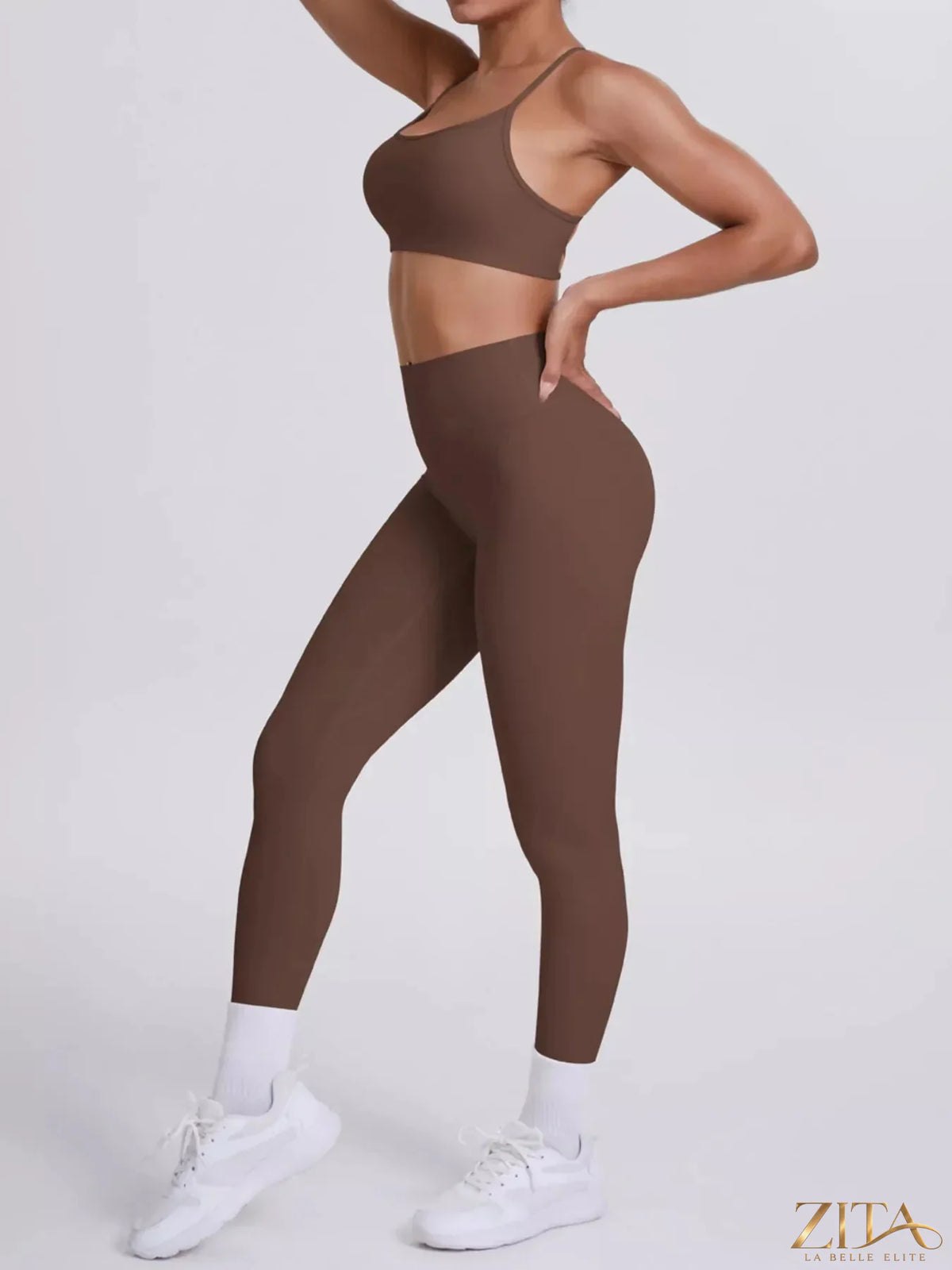 Zita La Belle Elite criss-cross back cami and matching leggings active set, black stretch fabric, designed for workout and yoga.