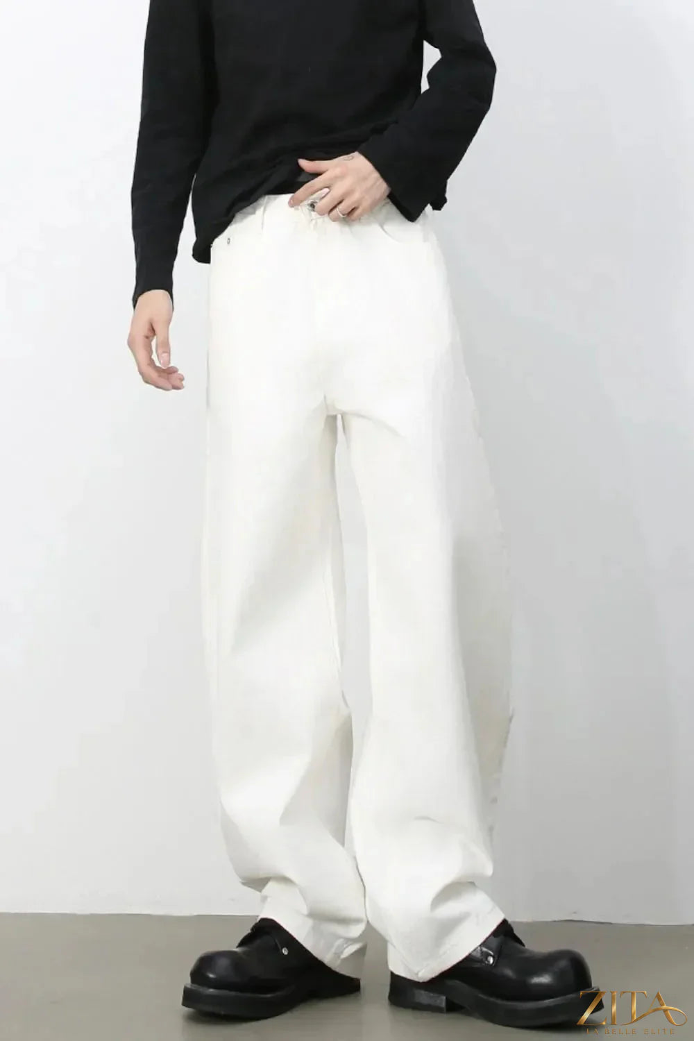 Men's high rise wide leg jeans by Zita La Belle Elite, shown in dark wash with a relaxed fit and classic denim style.