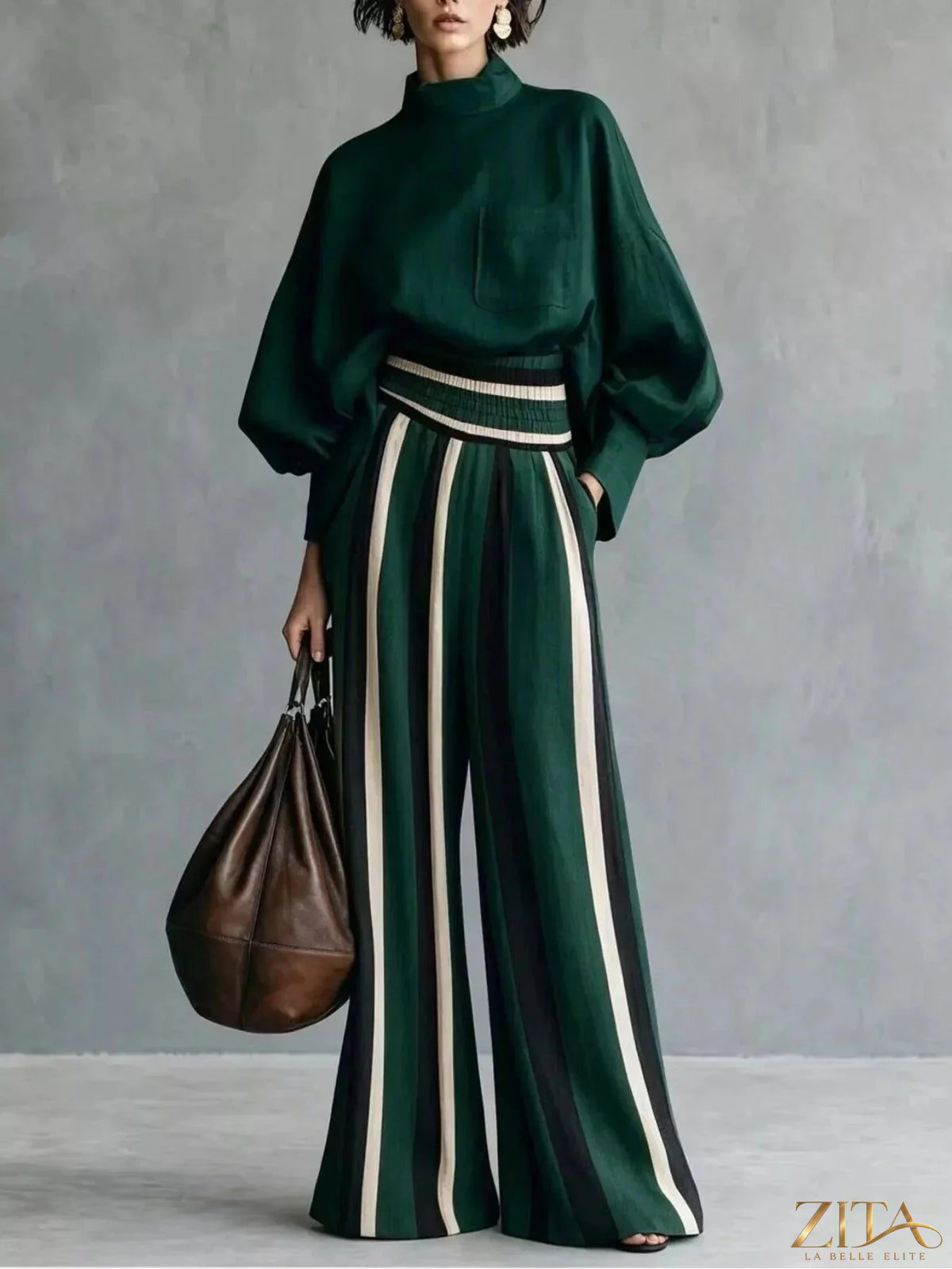 Plus size Trendsi full size mock neck top and striped wide-leg pants set, featuring a stylish and comfortable coordinated outfit.