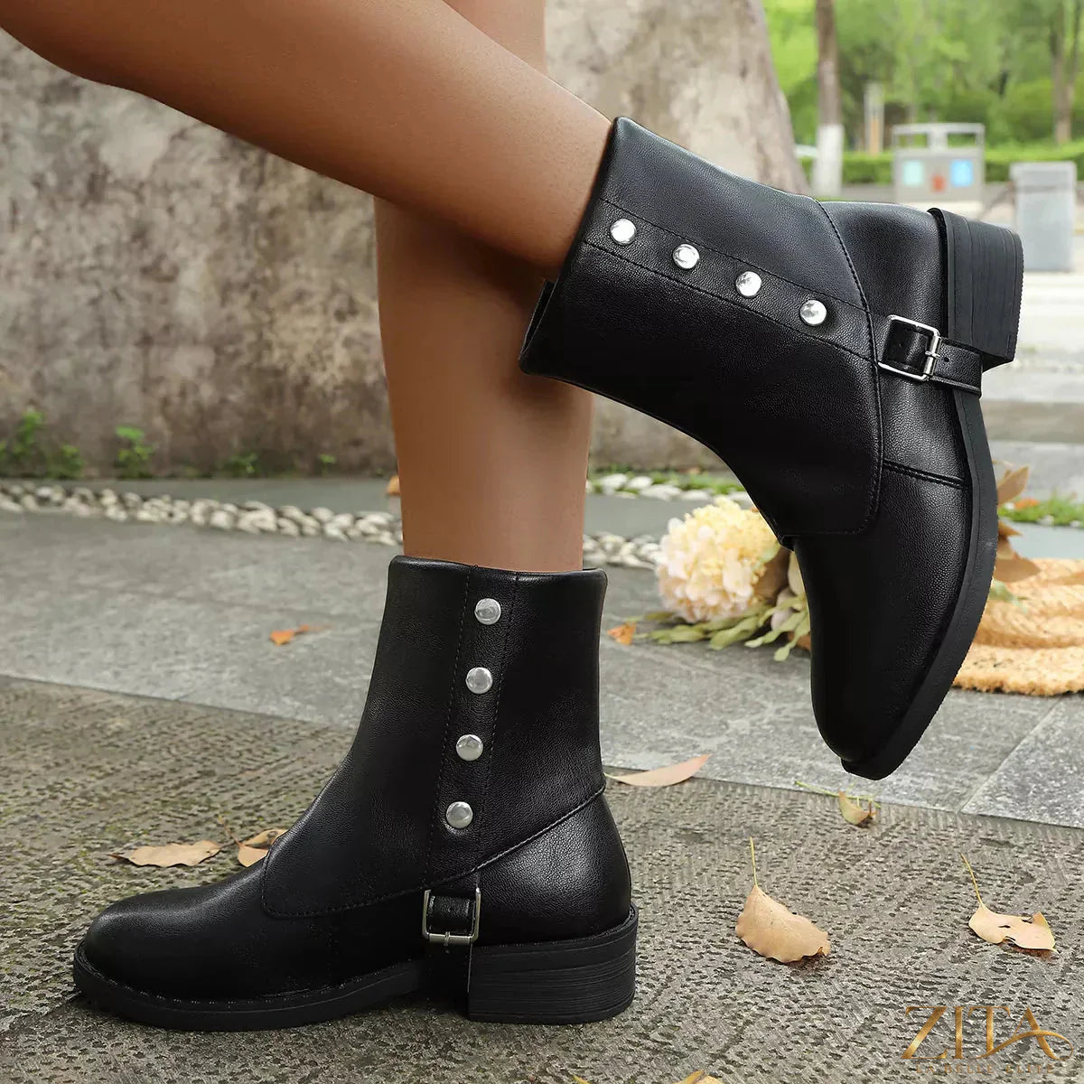 Zita La Belle Elite round toe block heel boots in black leather, featuring sturdy block heels and sleek ankle design.