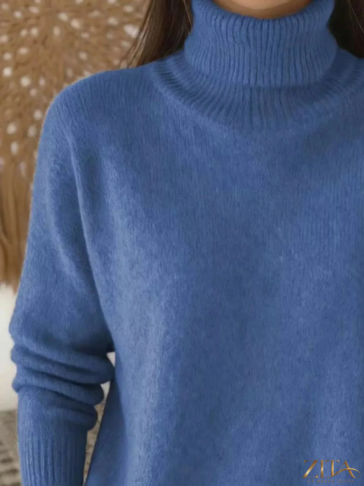 Trendsi turtleneck long sleeve sweater in neutral color, close-up of soft knit fabric and fitted style.