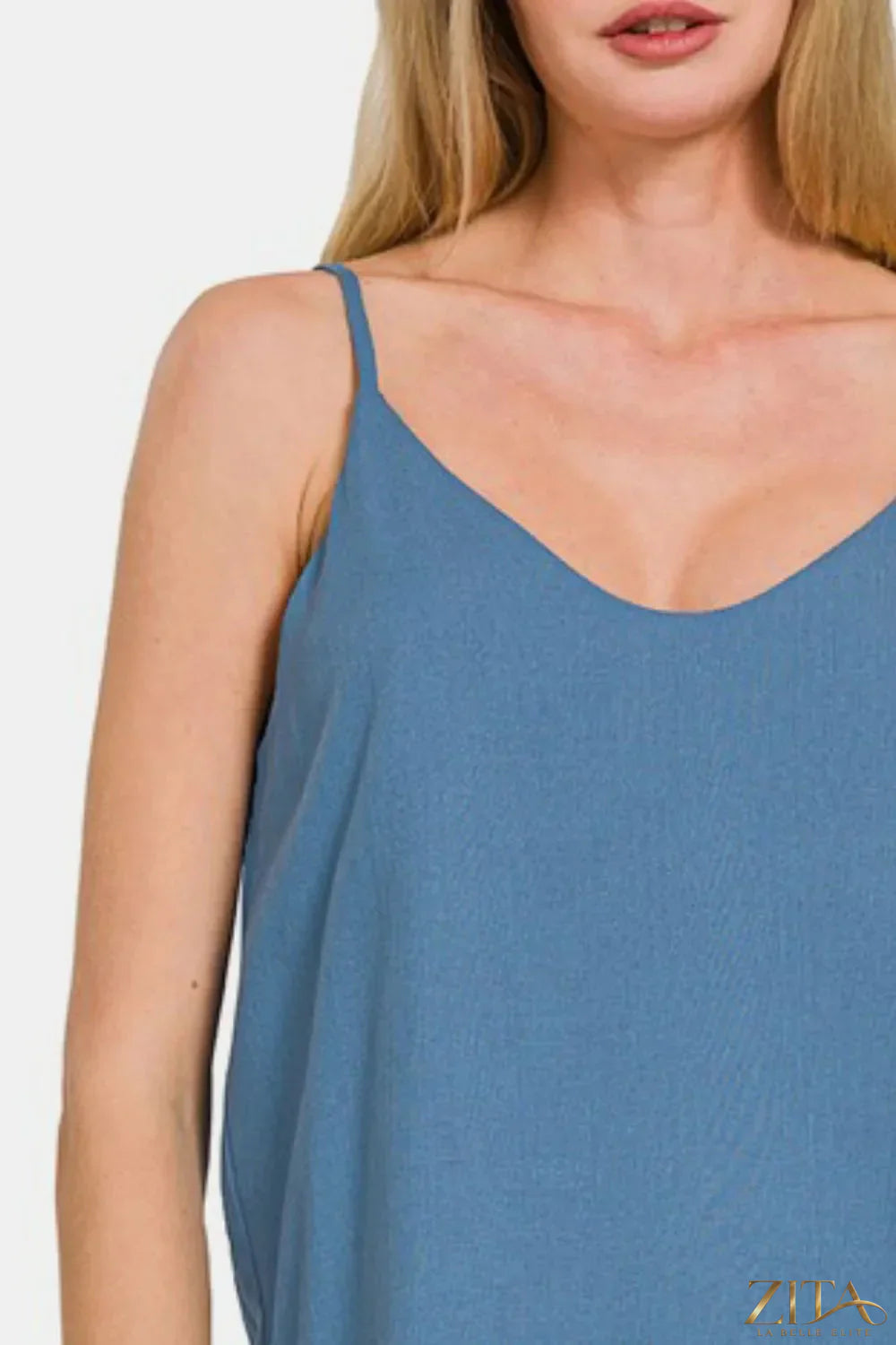 Zita La Belle Elite Zenana two-layered spaghetti strap cami top with thin straps and layered design, shown on a model.
