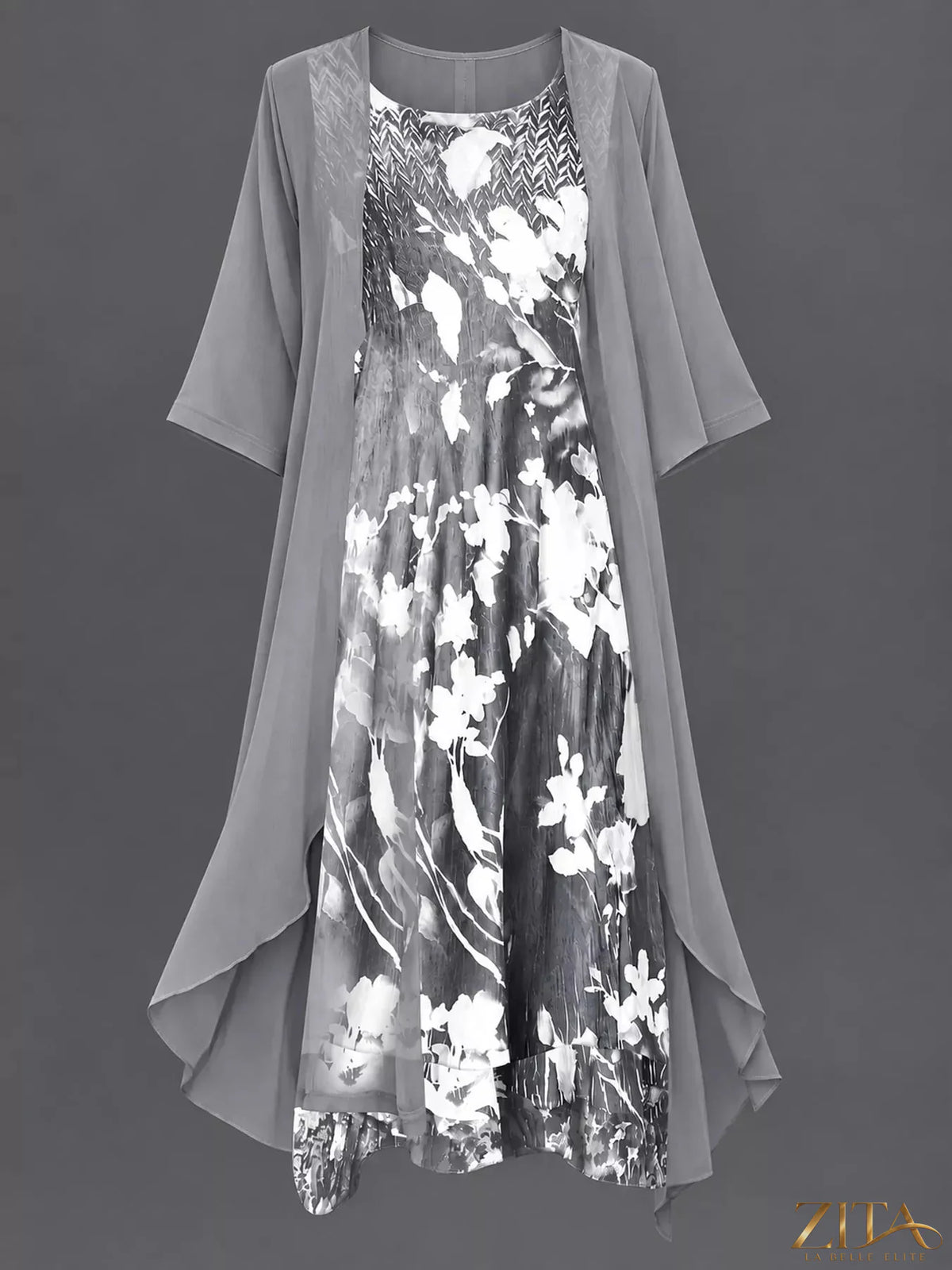 Plus size floral print midi dress and chiffon cardigan set by Zita La Belle Elite, showing the elegant full-length outfit.