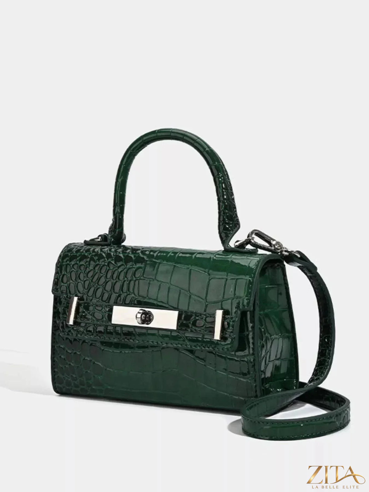 Zita La Belle Elite croc-embossed top handle handbag with gold-tone hardware and structured design.