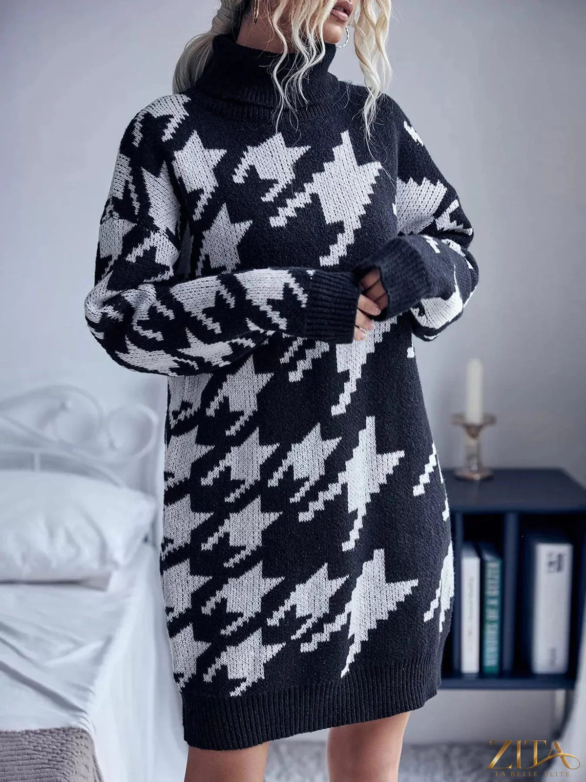 Houndstooth pattern turtleneck sweater dress by Trendsi, featuring a cozy fit and classic black and white design.