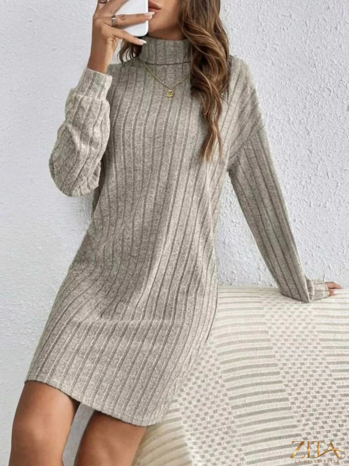 Casual ribbed turtleneck long sleeve mini dress by Trendsi, featuring a fitted silhouette and cozy knit fabric.