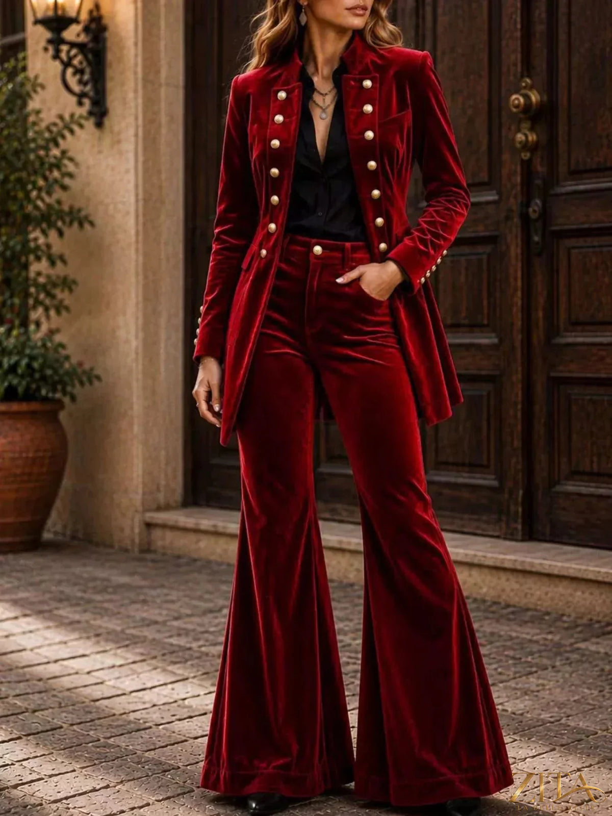 Zita La Belle Elite velvet double-breasted blazer and flare pants set, featuring a stylish tailored fit and rich fabric texture.