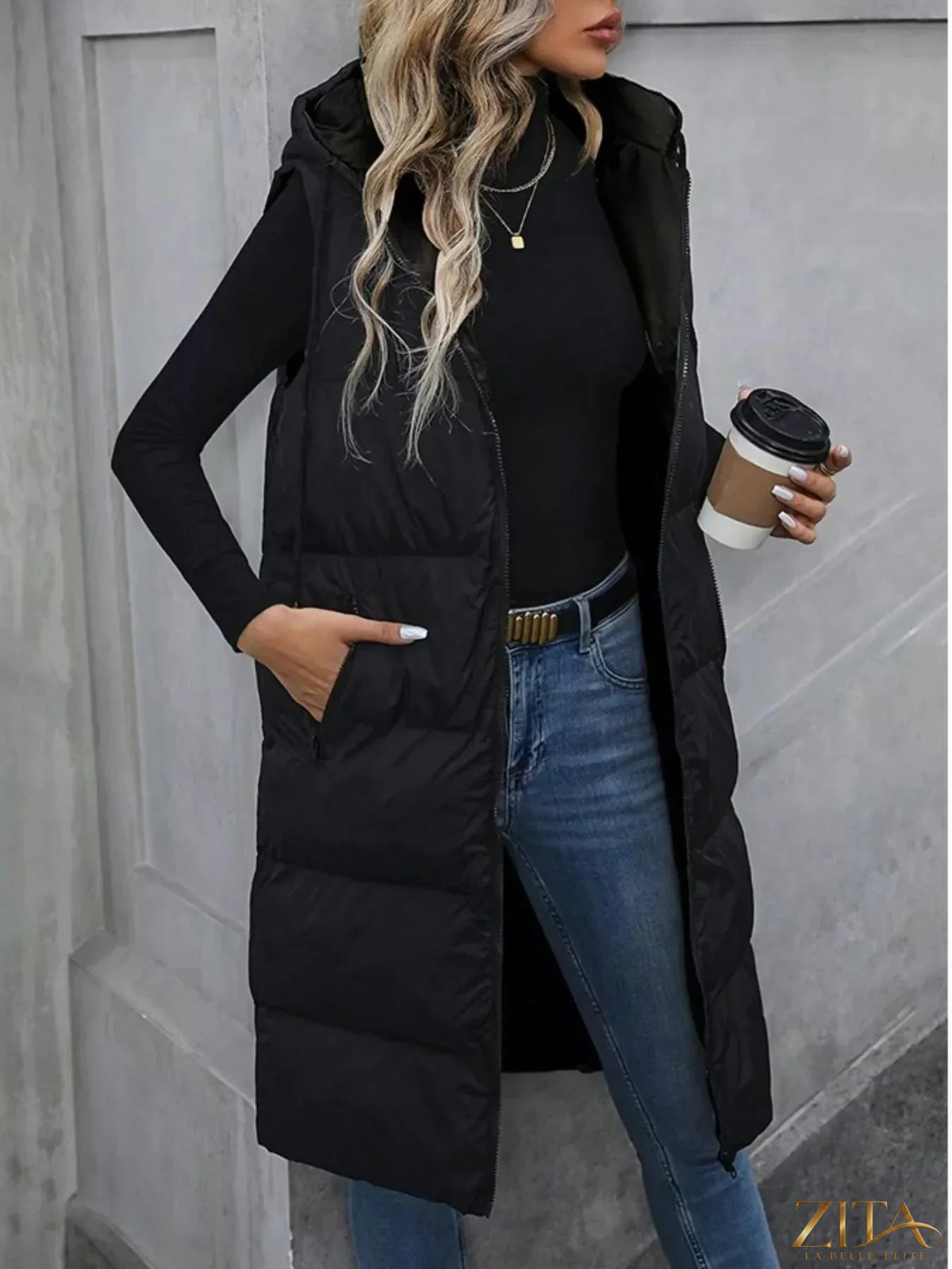 Zita La Belle Elite longline padded hooded vest coat with quilted design and front pockets, ideal for cold weather.