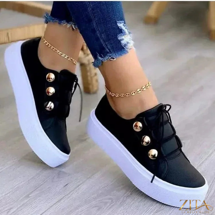 Zita La Belle Elite round toe platform sneakers with white and black design, stylish and comfortable footwear for casual wear.