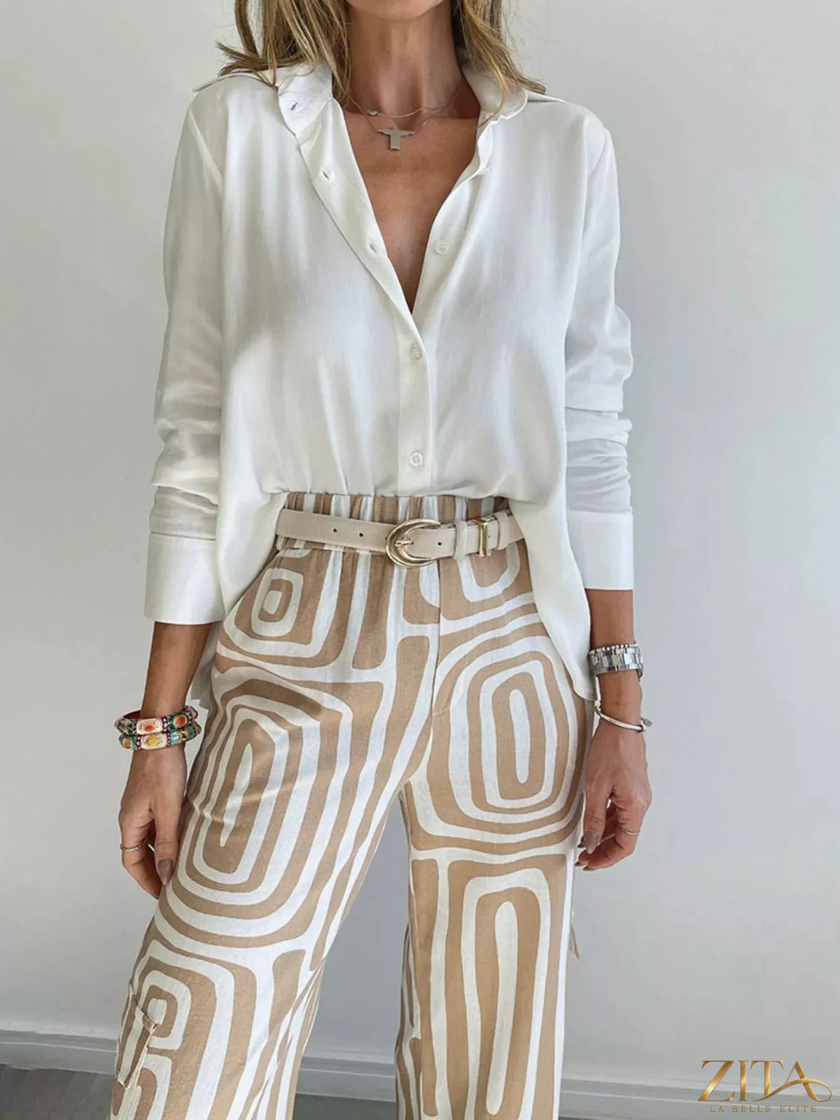 Plus size Zita La Belle Elite button-down shirt and geometric wide-leg pants set, featuring a stylish, coordinated outfit.