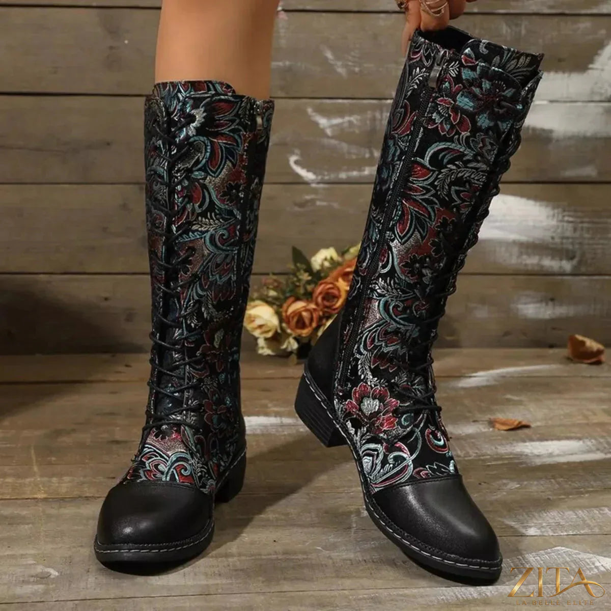 Zita La Belle Elite lace-up block heel boots with chunky heels and sleek black leather finish.