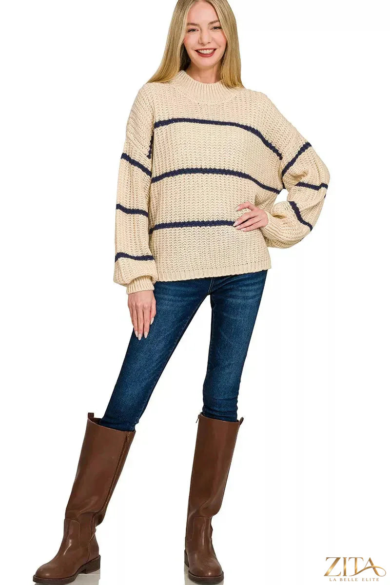 Zita La Belle Elite Zenana oversized striped sweater in neutral tones, featuring a relaxed fit and classic knit pattern.