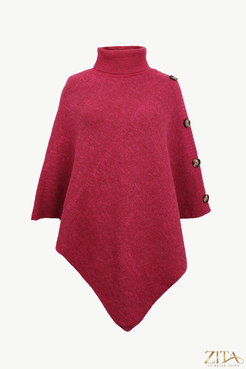 Zita La Belle Elite turtleneck buttoned poncho in cozy knit, featuring a high collar and button details, worn as stylish outerwear.