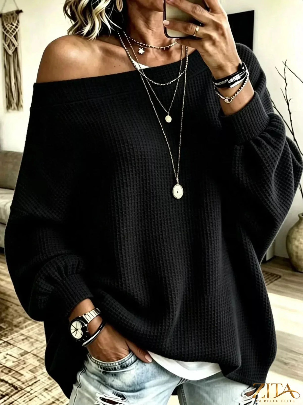 Plus size Zita La Belle Elite waffle knit boat neck sweatshirt with full size fit, featuring a cozy, textured fabric and relaxed style.