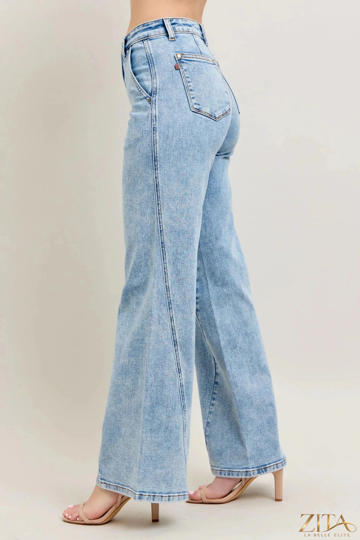 Zita La Belle Elite Judy Blue high waist wide leg jeans with skewed inseam in denim fabric, styled for a relaxed fit.