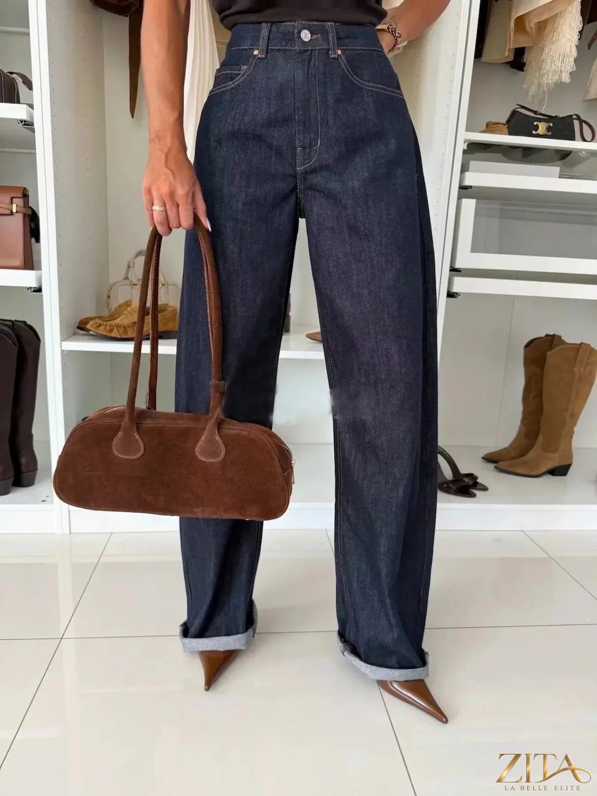 Zita La Belle Elite single-breasted blazer and matching denim jeans set displayed on a model.