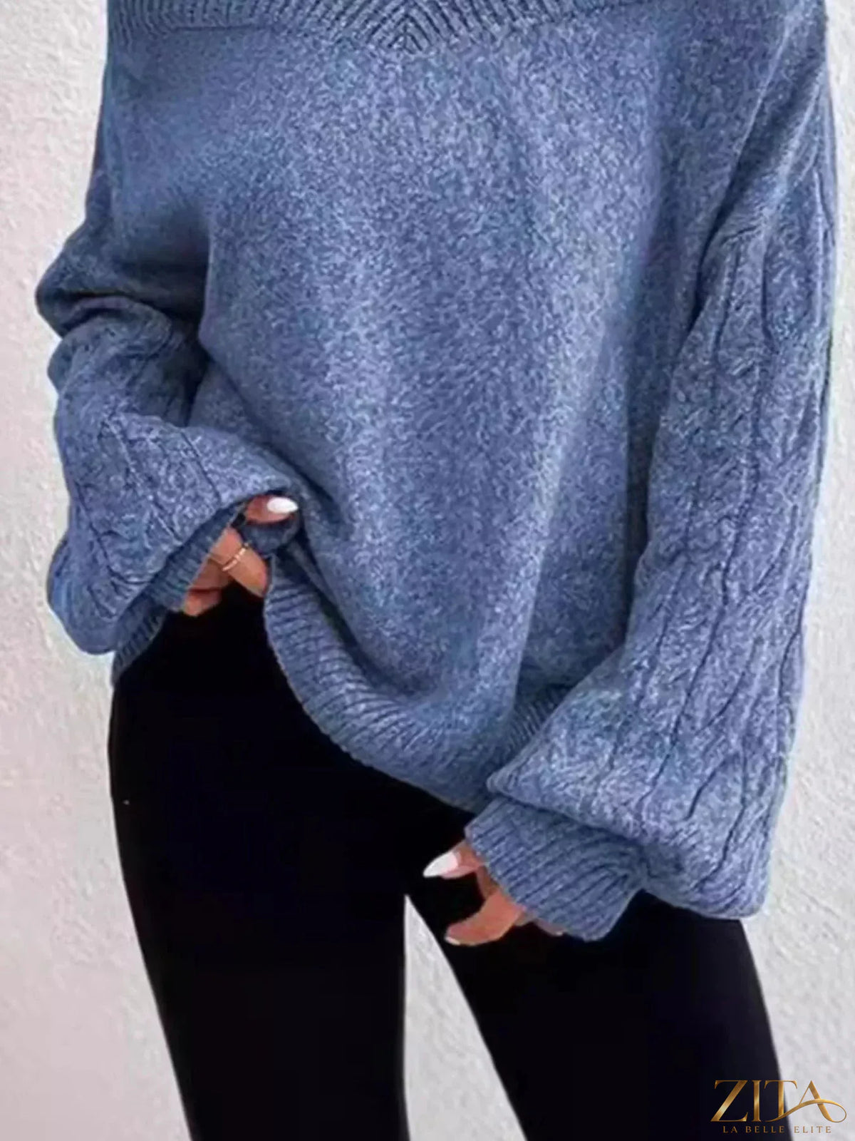 Zita La Belle Elite cold shoulder turtleneck sweater in cozy knit with cut-out shoulders and fitted style.