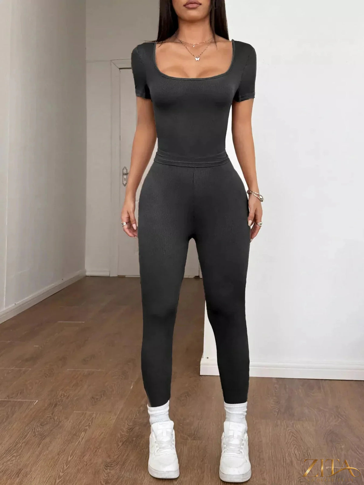 Trendsi short sleeve top and leggings set featuring a stylish matching outfit for casual wear, with the top and leggings shown in the image.