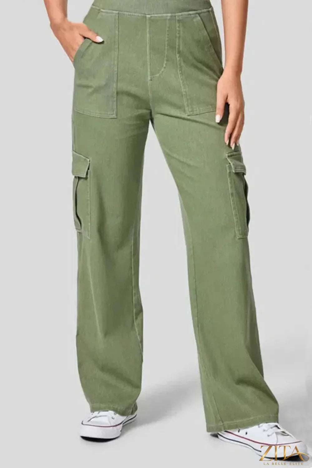 Zita La Belle Elite high waist straight leg cargo jeans with multiple front and side pockets, denim fabric, and a classic fit.