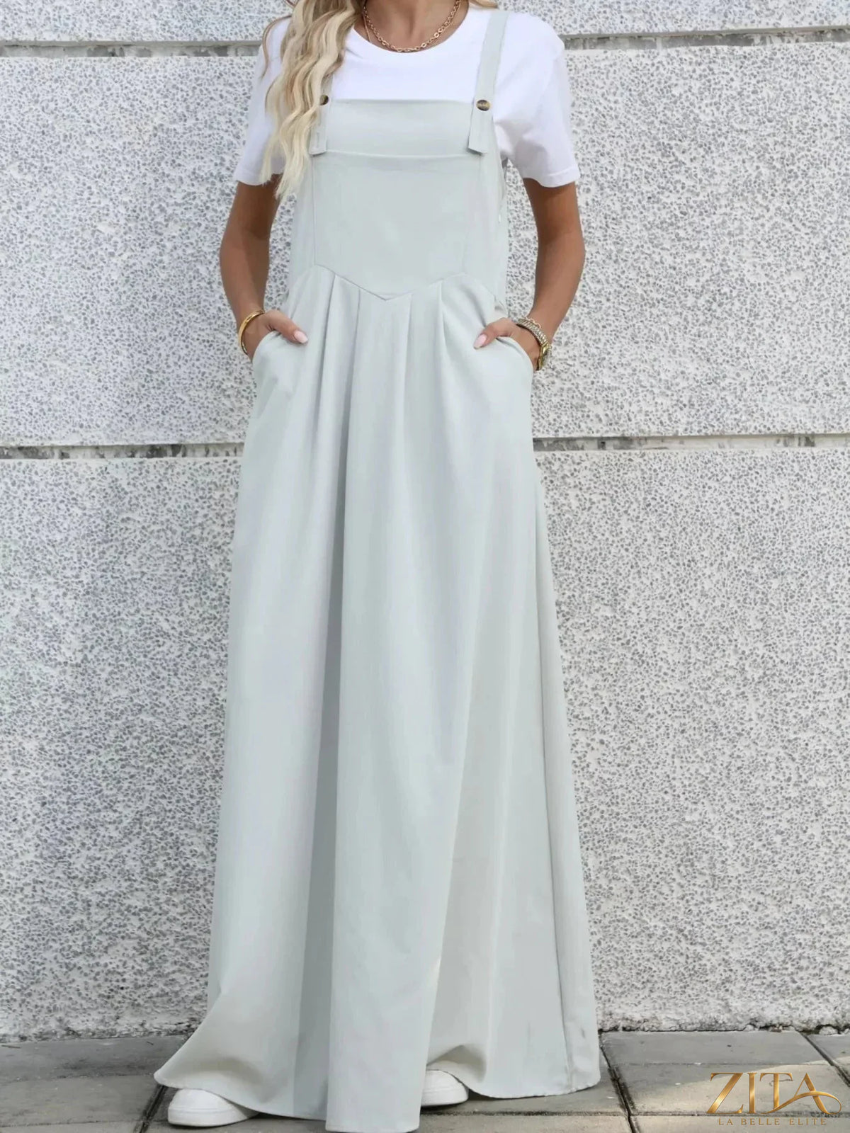 Zita La Belle Elite pleated detail overall dress, featuring wide-leg pants and a sleeveless top with pleats, stylish and modern.