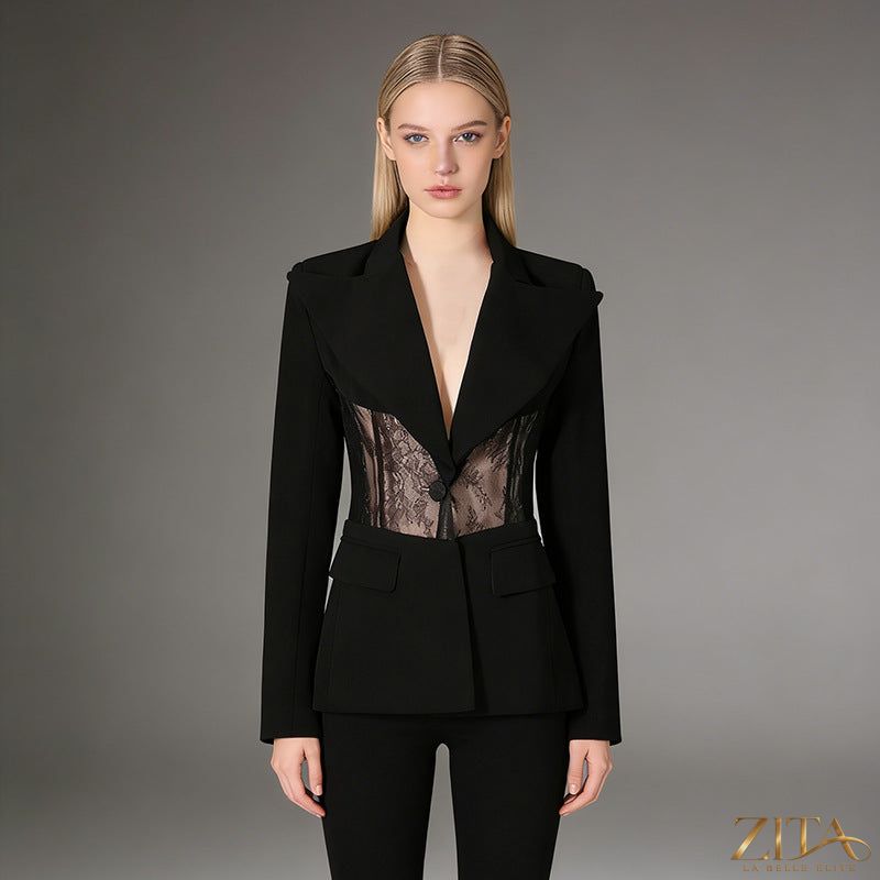 Zita La Belle Elite lace boning waist-cinching blazer for women, tailored fit with intricate lace details and structured design.
