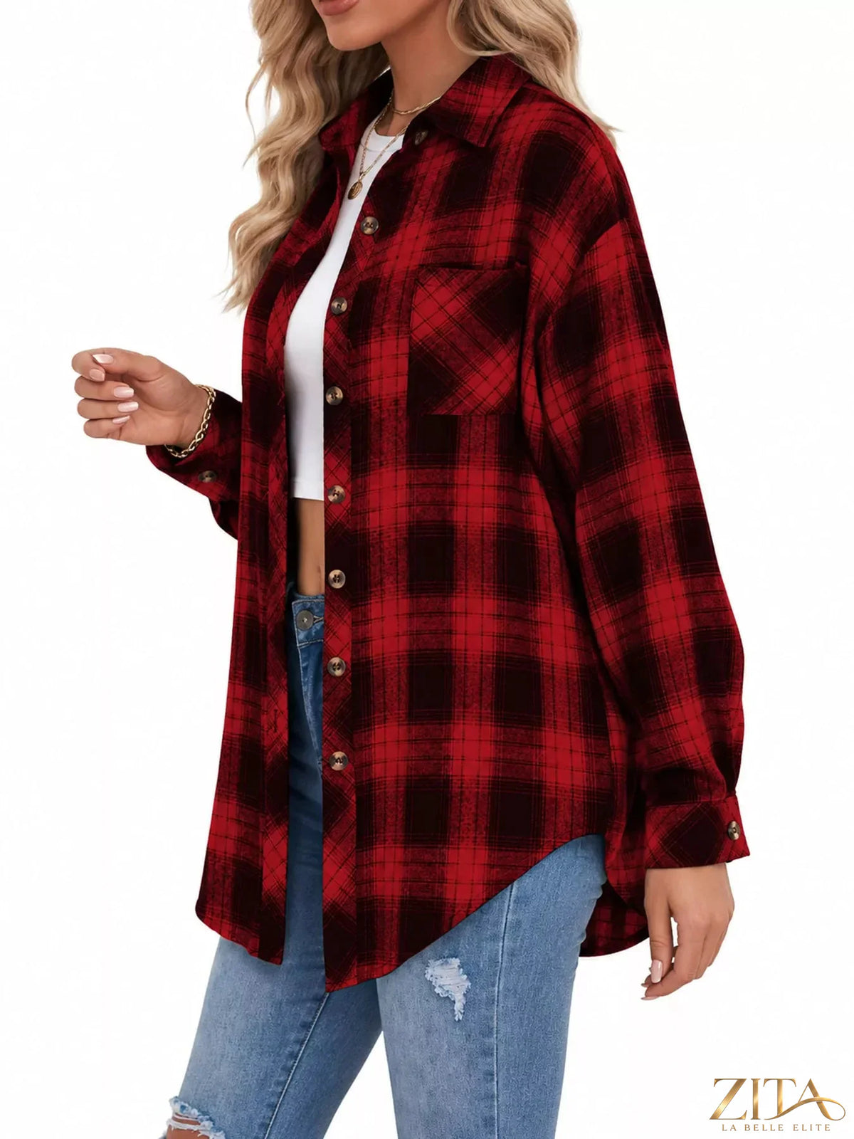 Zita La Belle Elite plaid button-down oversized shirt with a relaxed fit and classic pattern, shown in the product image.