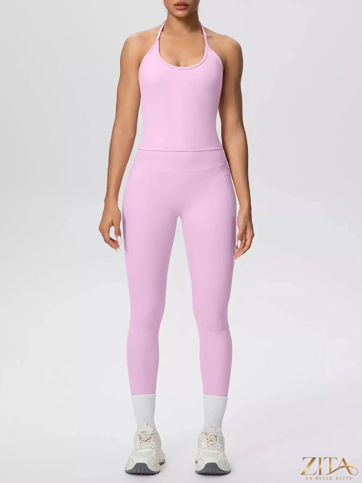 Zita La Belle Elite halter neck cami top and high-waisted leggings active set, black, form-fitting workout apparel.