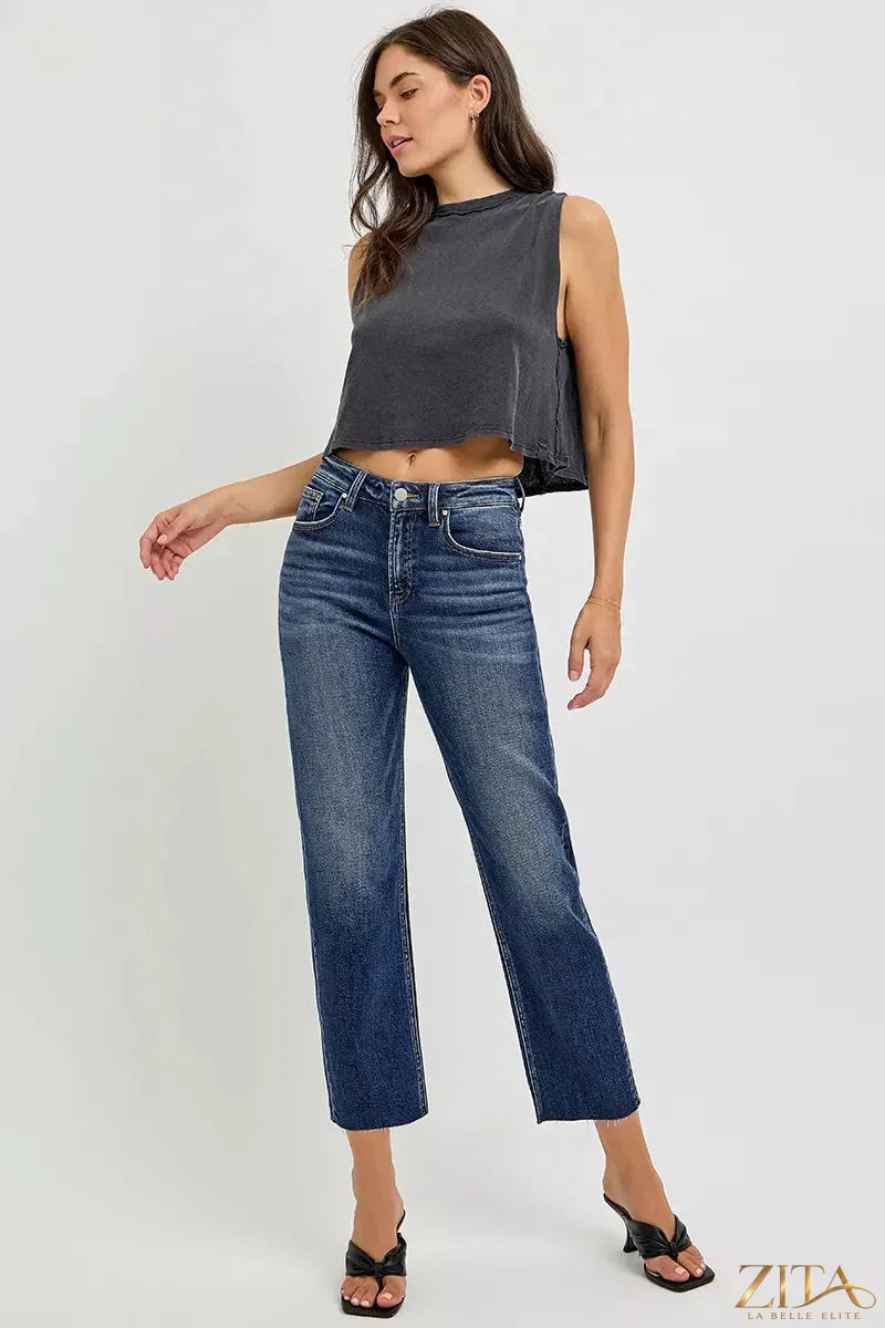 Zita La Belle Elite Risen high-rise slim barrel jeans in dark denim, showing front view with five-pocket design and clean stitching.