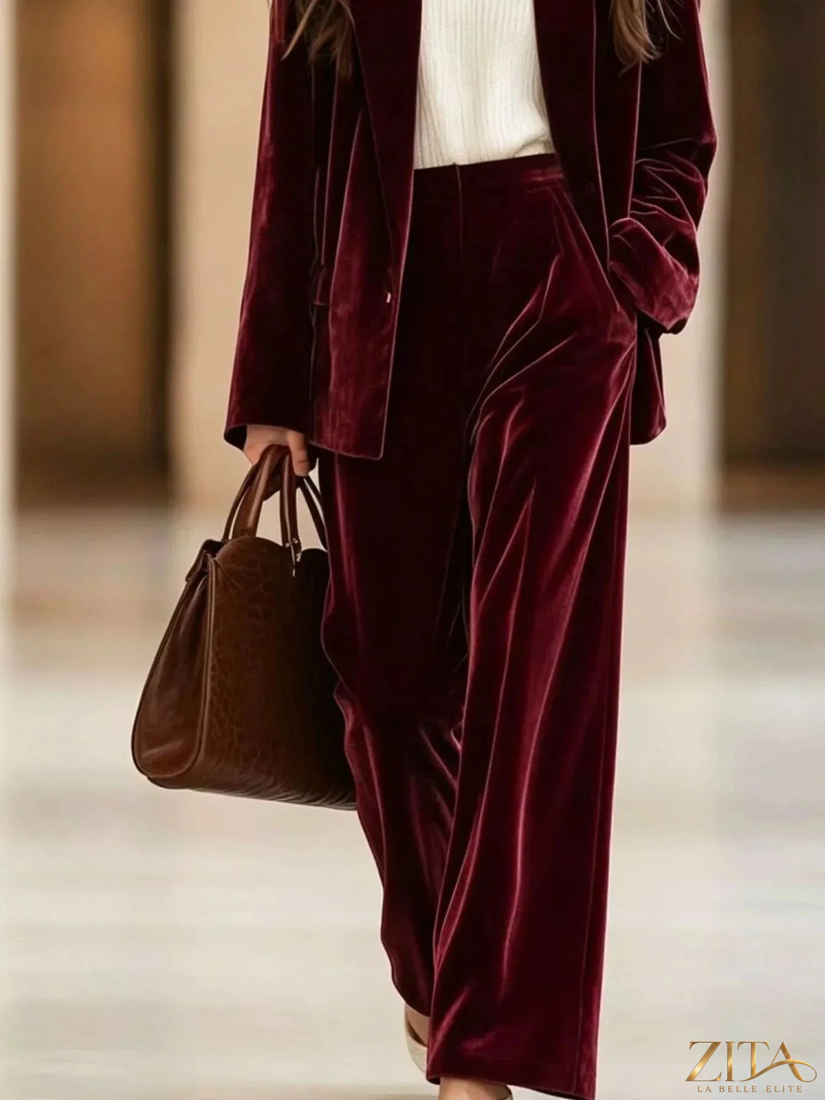 Velvet blazer and wide-leg pants two-piece set by Zita La Belle Elite, showcasing a stylish, tailored look in deep velvet fabric.