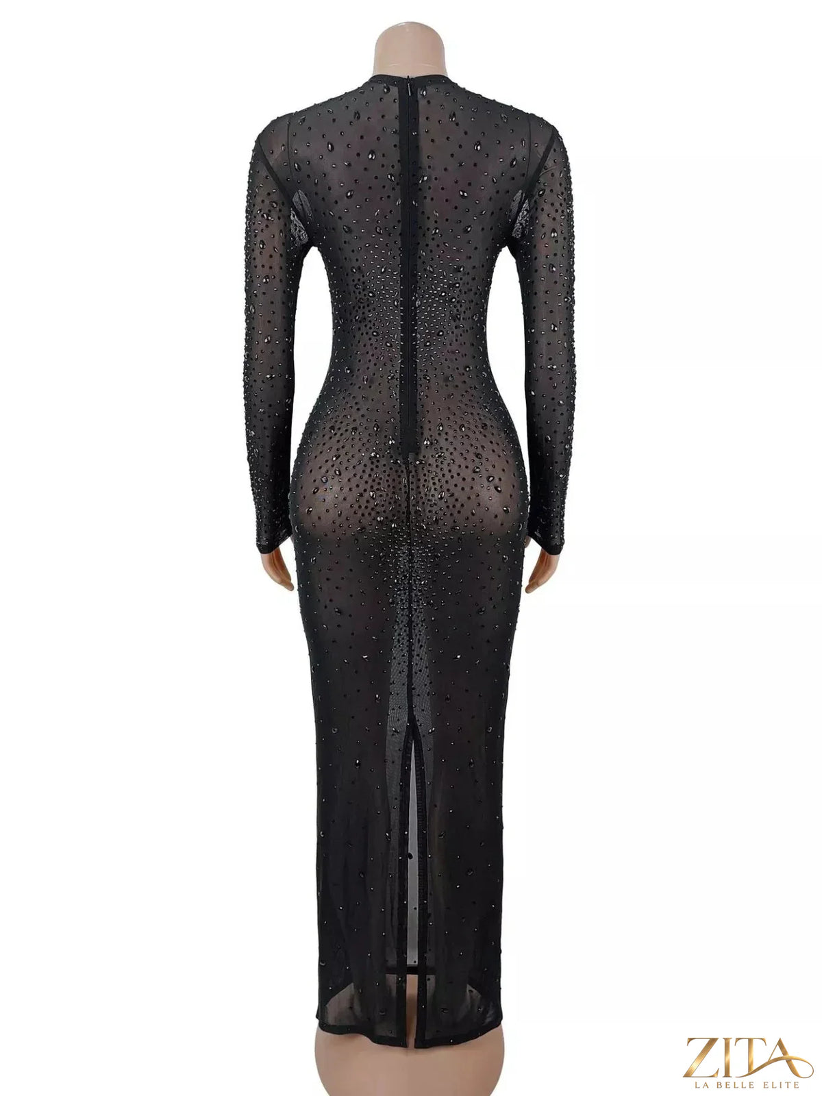Zita La Belle Elite sheer mesh long sleeve evening dress with rhinestone embellishments, elegant and form-fitting for special occasions.