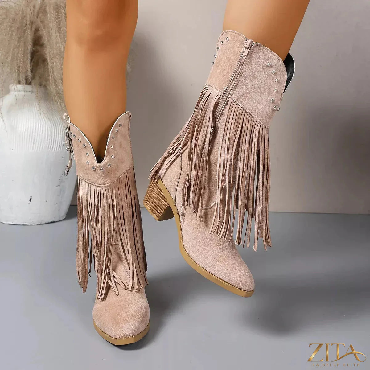 Zita La Belle Elite fringe round toe block heel boots featuring stylish fringe detailing and a sturdy block heel design.