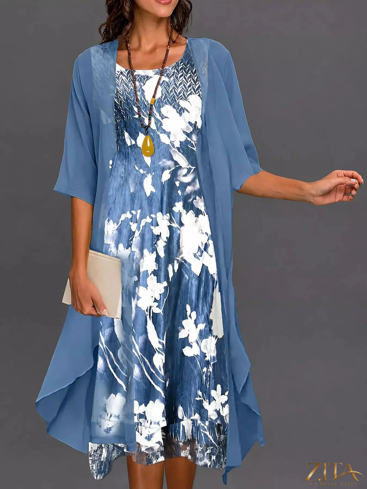 Plus size floral print midi dress with chiffon cardigan set by Zita La Belle Elite, featuring vibrant patterns and lightweight fabric.