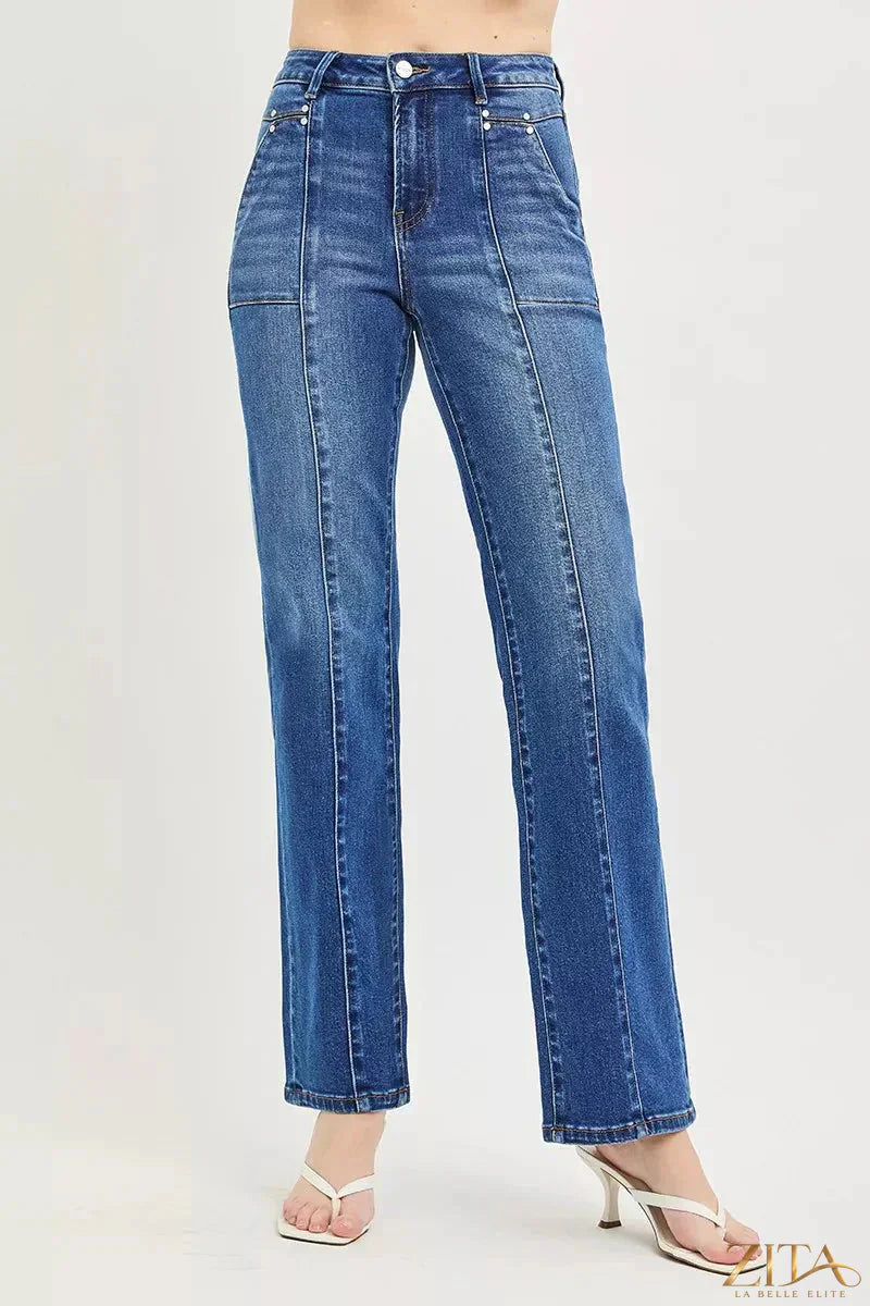Zita La Belle Elite RISEN high-rise straight jeans with patch pockets and seamed details, shown on a model.