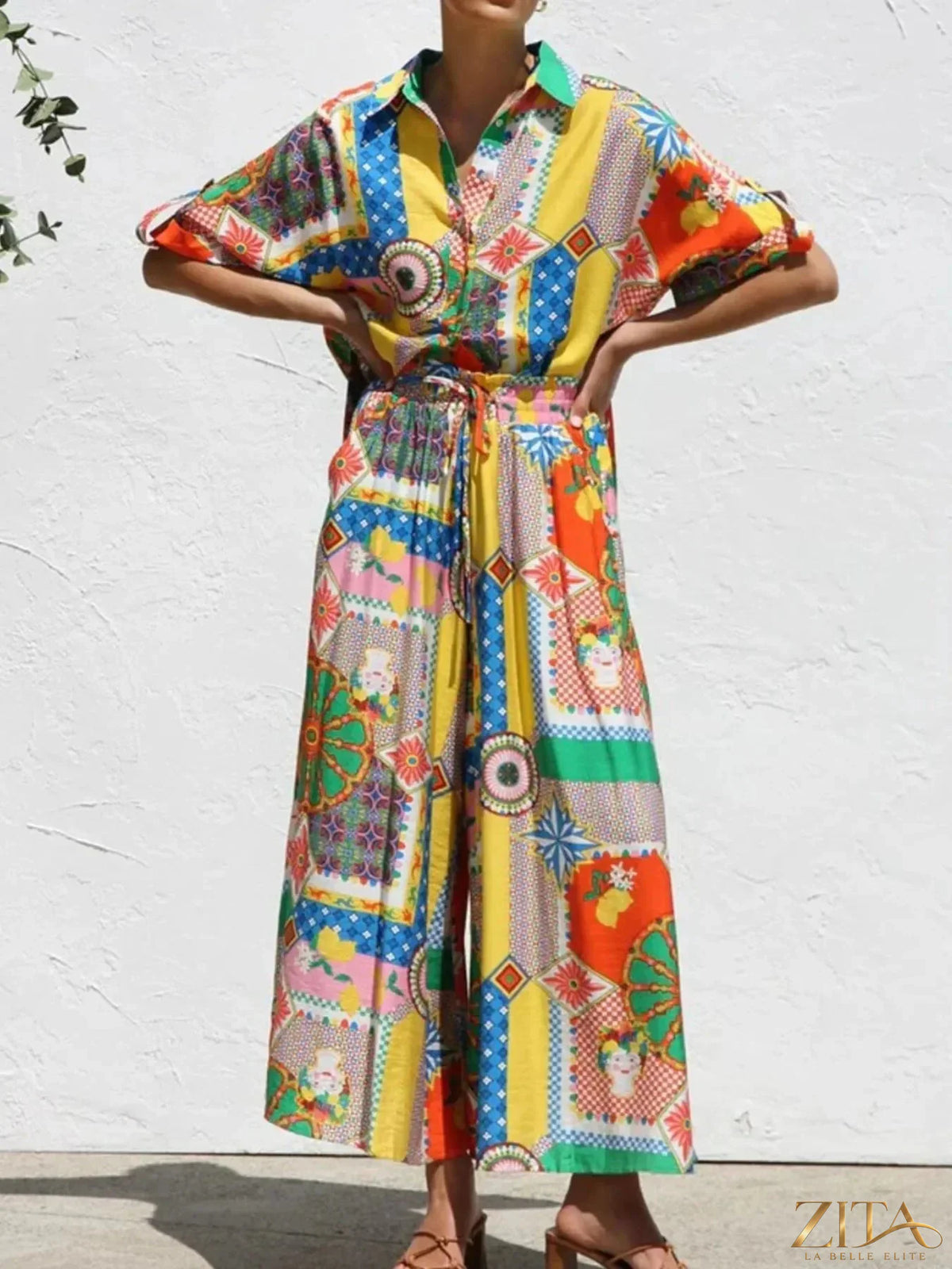 Zita La Belle Elite printed button-up shirt and matching pants set, stylish casual clothing with vibrant pattern.