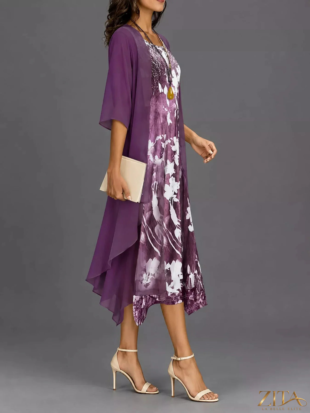 Plus size floral print midi dress and chiffon cardigan set by Zita La Belle Elite, featuring vibrant patterns and lightweight fabric.