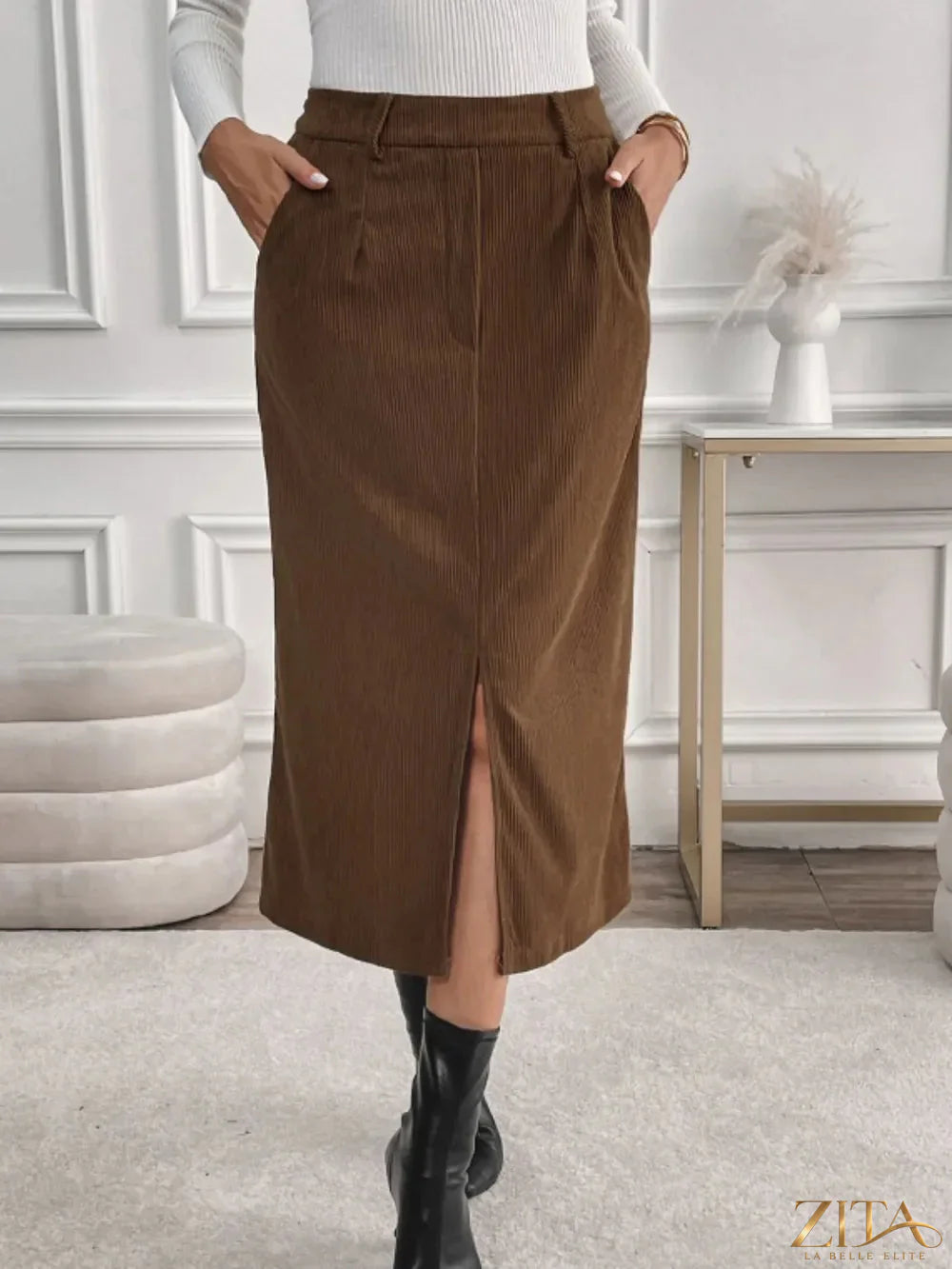 Zita La Belle Elite Perfee slit midi skirt with pockets, black with side slit and waistband, stylish and versatile for everyday wear.