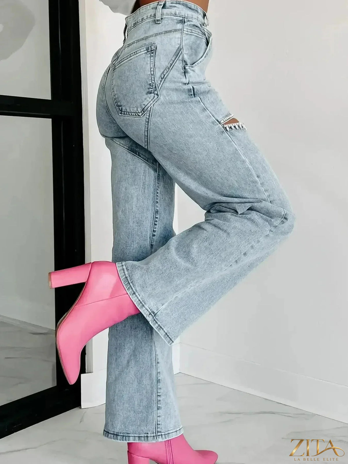 Zita La Belle Elite high waist wide leg jeans with cut-out details, showcasing a stylish denim design and modern fit.
